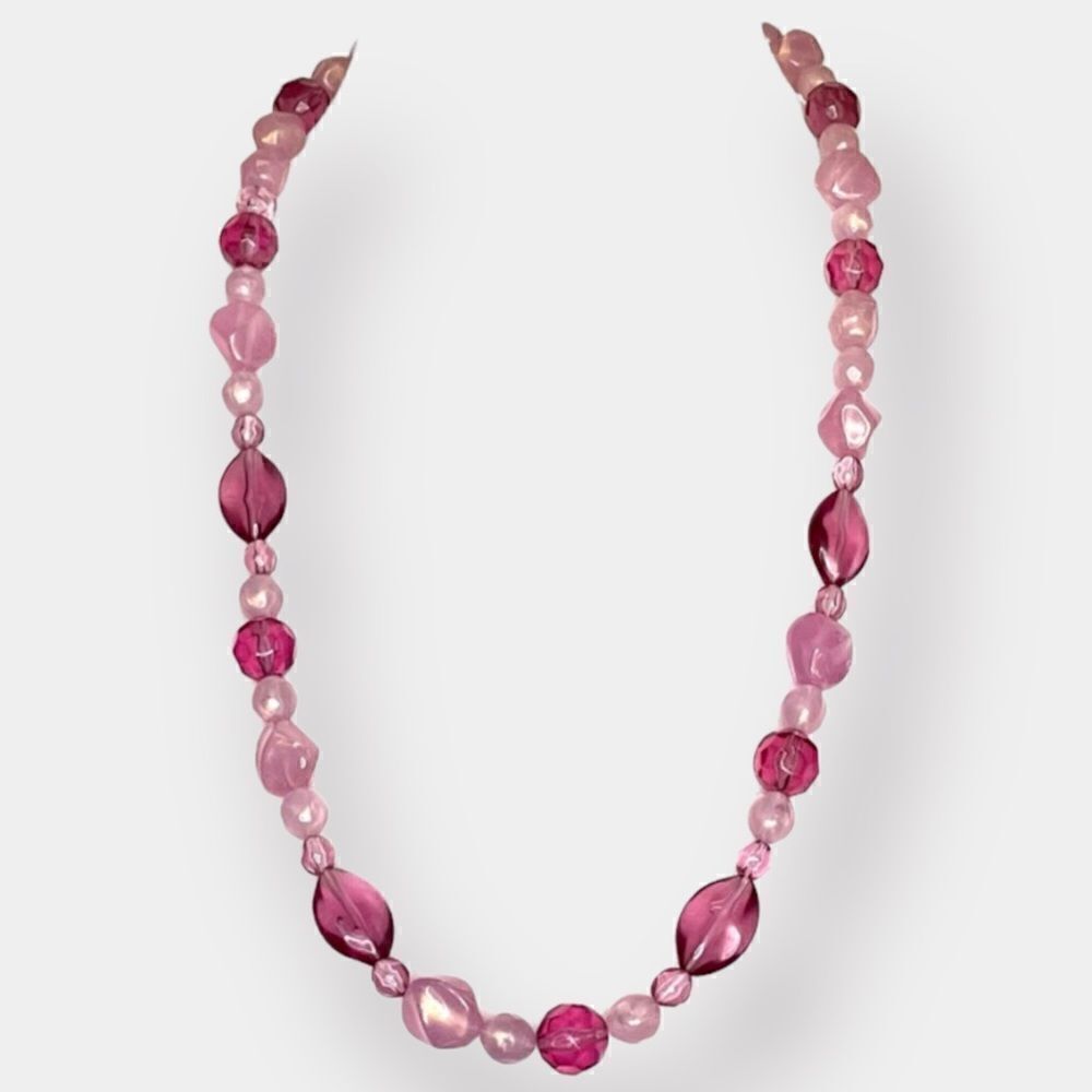 Beaded Pink Necklace Vintage Faceted Clear